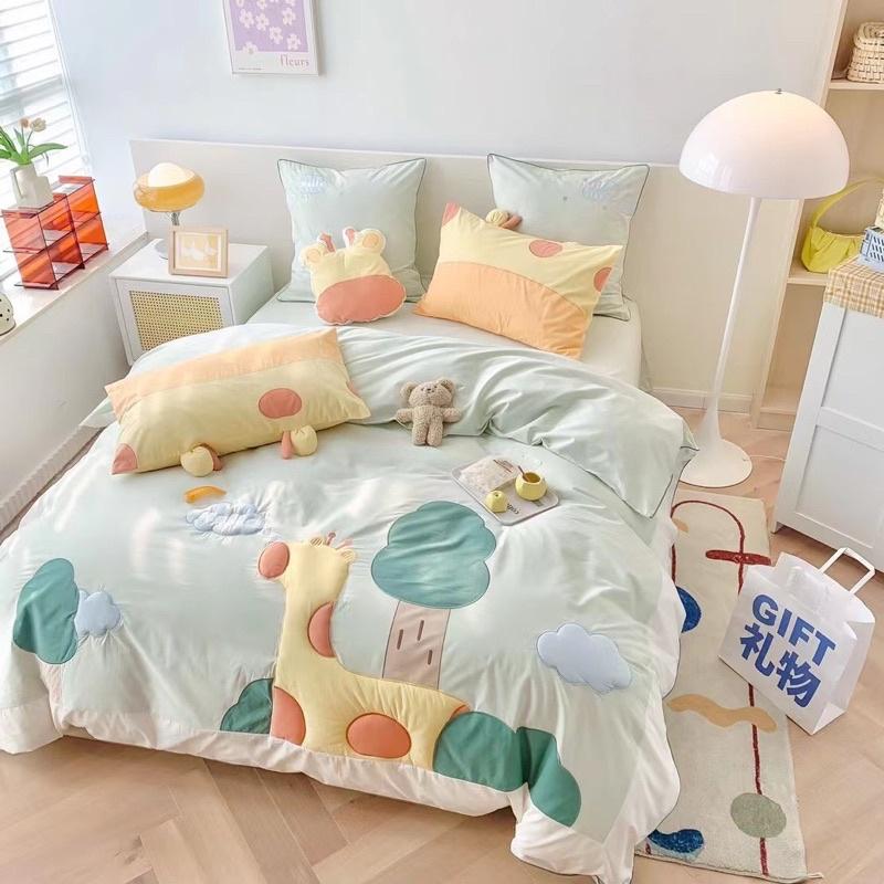 Bộ Chăn Ga Gối Cotton Linen Disney Hàng Nhập Khẩu Cao Cấp 5Món Mẫu Hươu Cao Cổ