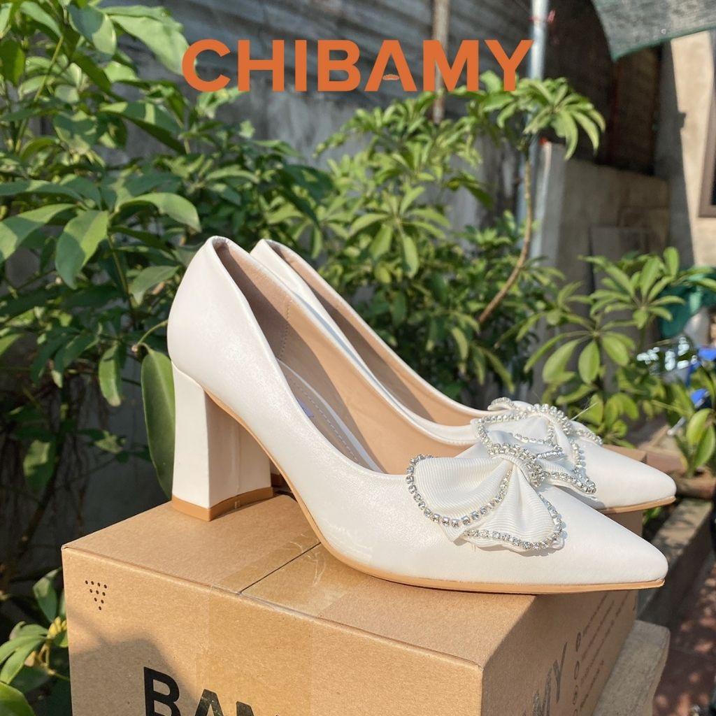 Giày cao gót nữ đính nơ 7cm CHIBAMY, giày nữ công sở mũi nhọn chất da mềm mã CG02