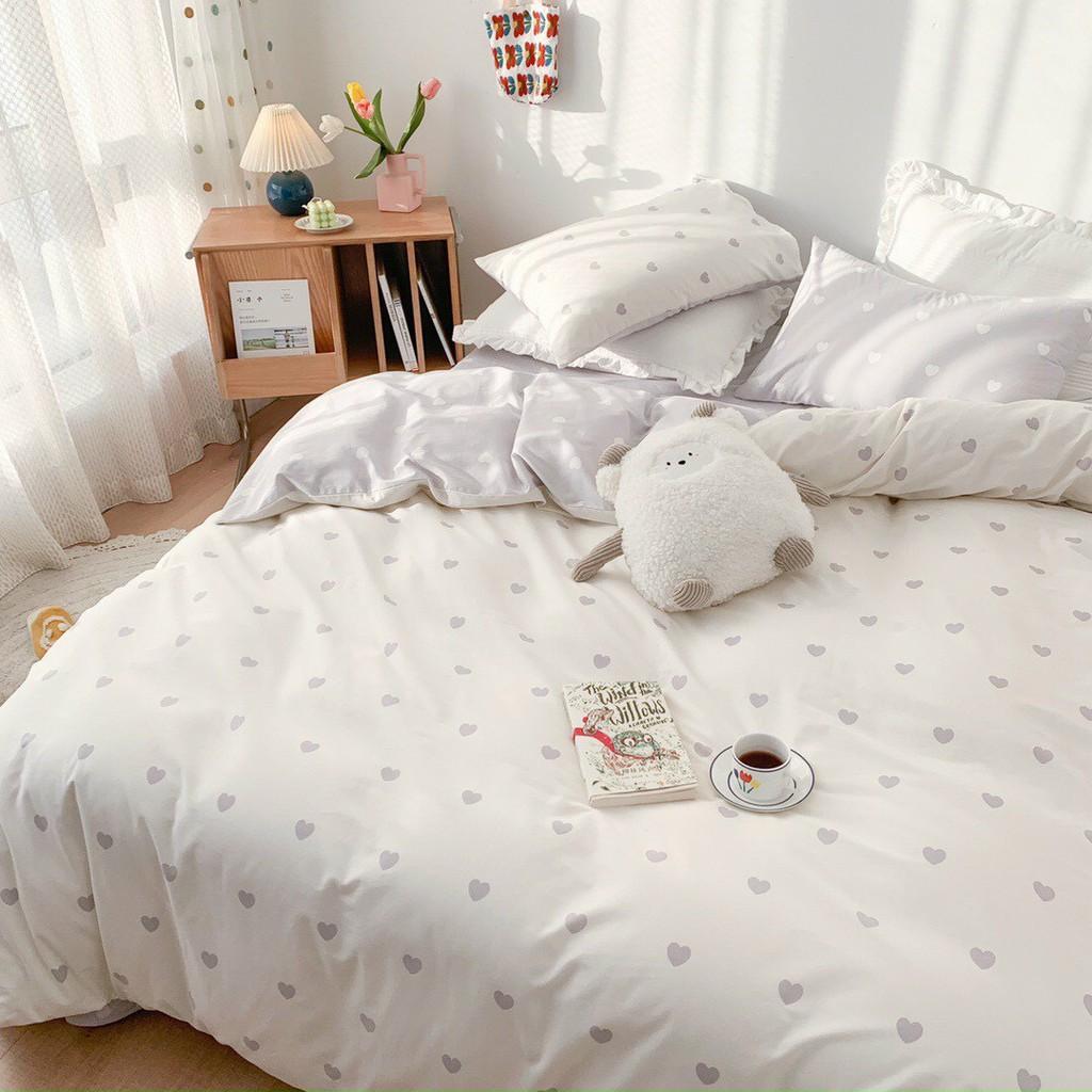Bộ chăn ga và vỏ gối Cotton Poly Minh Nhật tim nhí trắng ghi cho nàng thơ - Hàng nhập khẩu cao cấp
