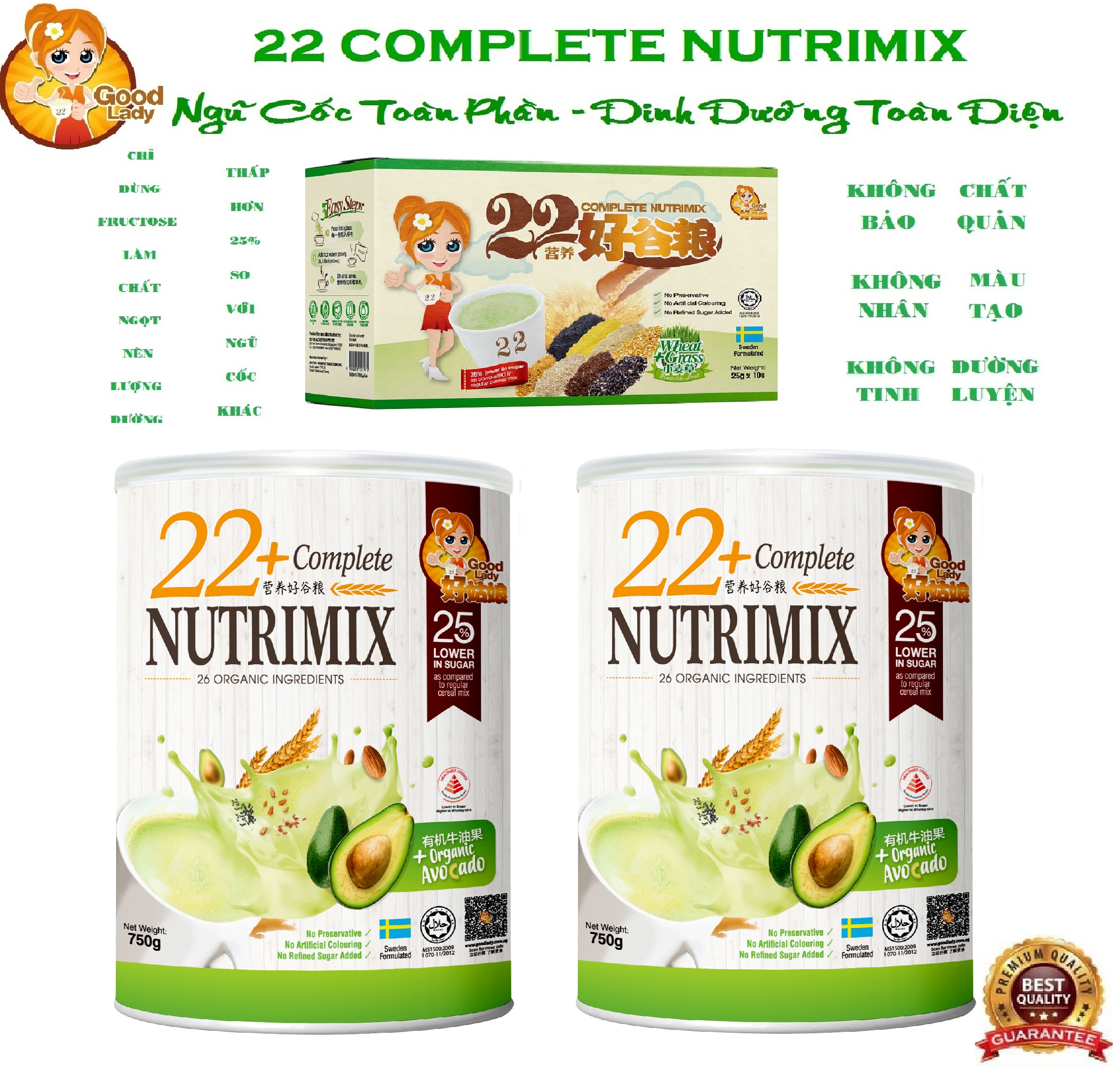 Combo 2 hộp bột ngũ cốc dinh dưỡng cao cấp 22+ Complete Nutrimix - Organic Avocado ( vị Bơ hữu cơ) 750g hộp + Tặng 1 hộp Wheat Grass (Mầm lúa mì) 250g