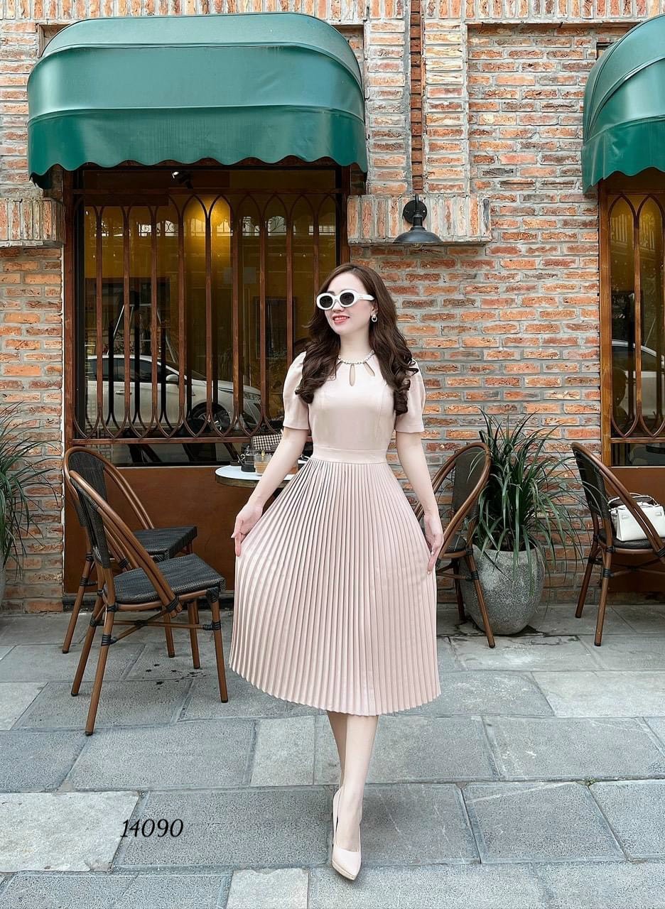 Đầm váy nữ cotton lạnh dập ly cổ tròn dập đá nâu vàng đỏ sang trọng thanh lịch