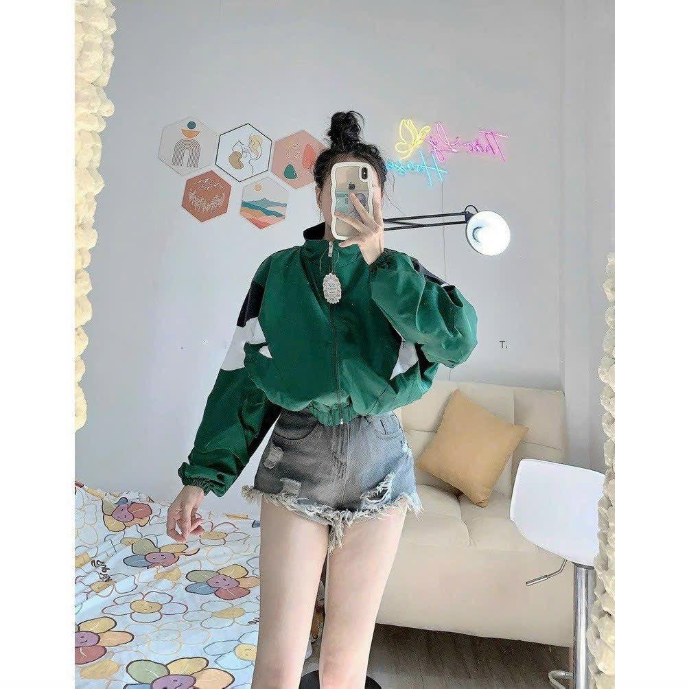 Áo Khoác Dù Nữ Croptop Form Rộng Cánh Dơi 2 Lớp Dày Dặn Phối Màu Siêu Đẹp