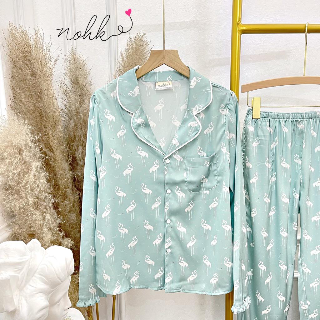 Đồ ngủ pijama lụa giấy cao cấp dài tay - hoạ tiết hạc