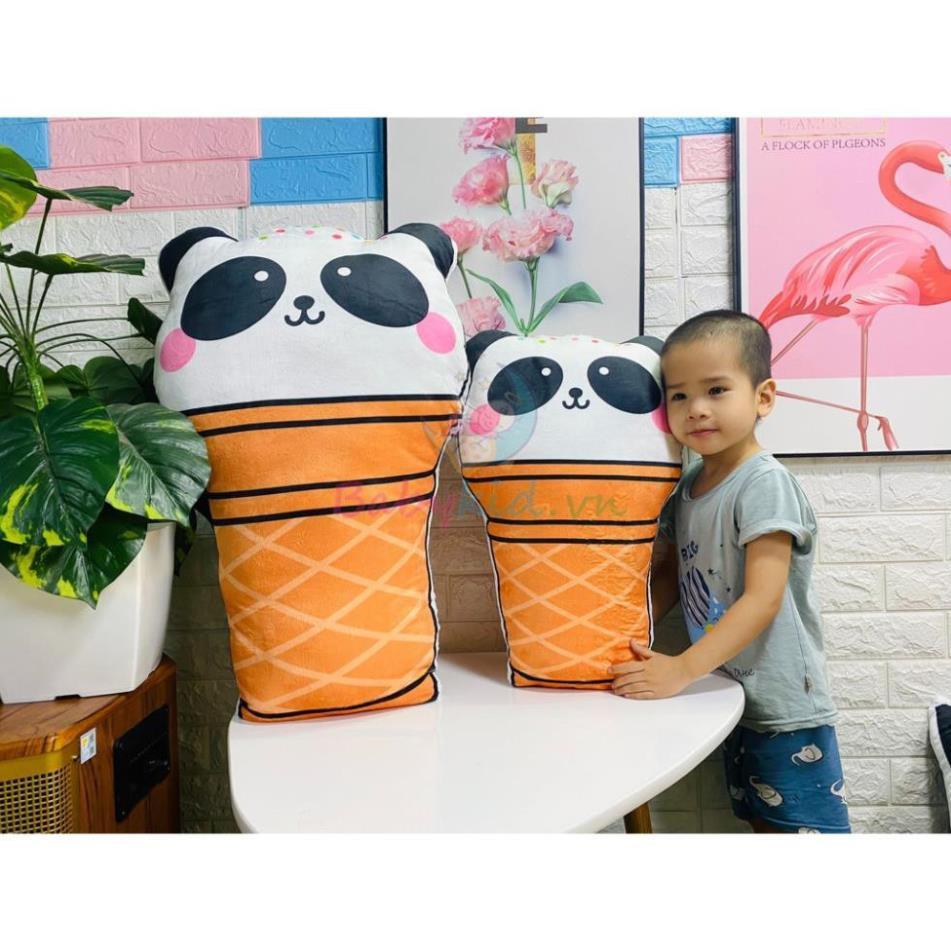 GỐI ÔM NHỒI BÔNG, panda kem, 60-80cm, HANDMADE VN, vỏ nhung có khóa kéo