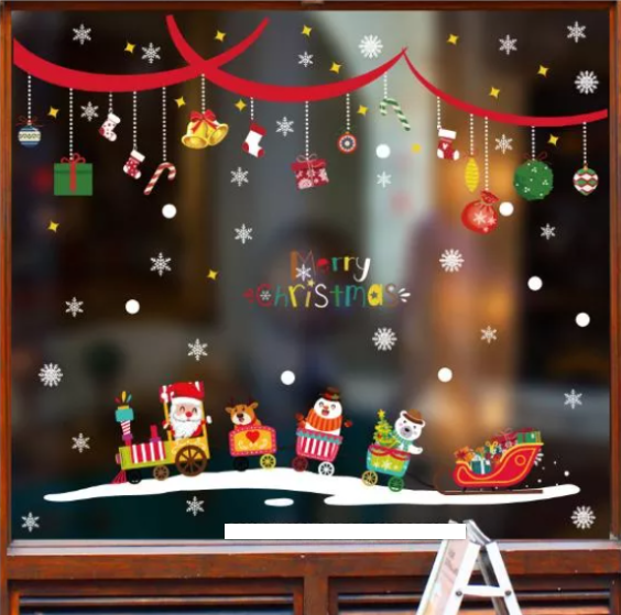 Decal trang trí dán tường - rèm đỏ noel và đoàn tàu nhí đáng yêu