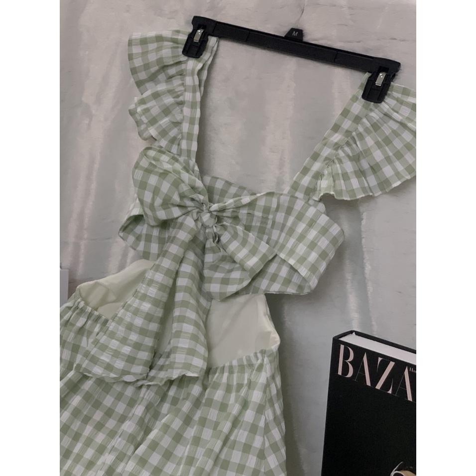 Đầm dài maxi nữ hở lưng tay cánh tiên khoét eo lộ eo con kiến cột nơ phía sau_nhún lai dưới