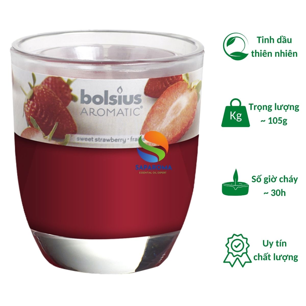 Ly nến thơm tinh dầu Bolsius Sweet Strawberry 105g QT024335 - hương dâu tây, nến trang trí, thơm phòng, thư giãn, Hỗ trợ khử mùi