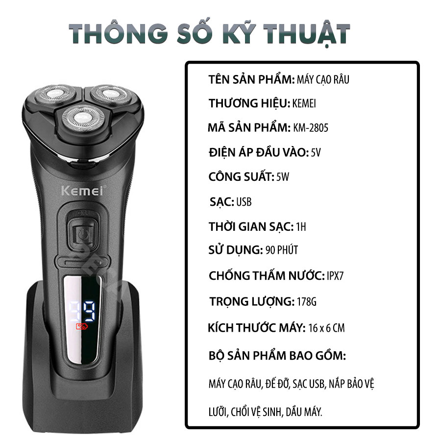 Máy cạo râu khô và ướt KEMEI KM-2805 chống thấm nước IPX7 công suất mạnh 5W pin trâu sạc USB nhanh trong 1 giờ tặng kèm đế đỡ cất giữ máy tiện lợi - hãng phân phối chính thức