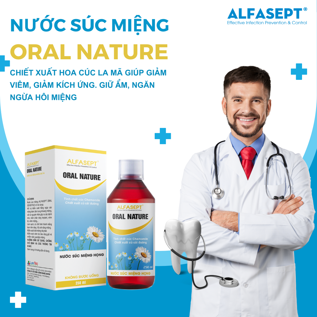 Nước súc miệng họng ALFASEPT ORAL NATURE 250ml chiết xuất cúc la mã củ cải đường - Giảm hôi miệng, bớt nhiệt miệng