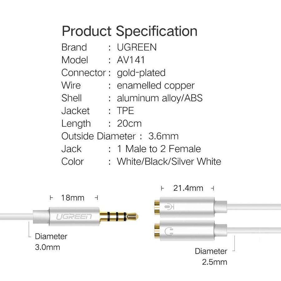 Cáp chia Audio 3,5mm Ugreen 10789 ra 1 đầu Loa, 1 đầu Microphone cao cấp -Hàng Chính Hãng