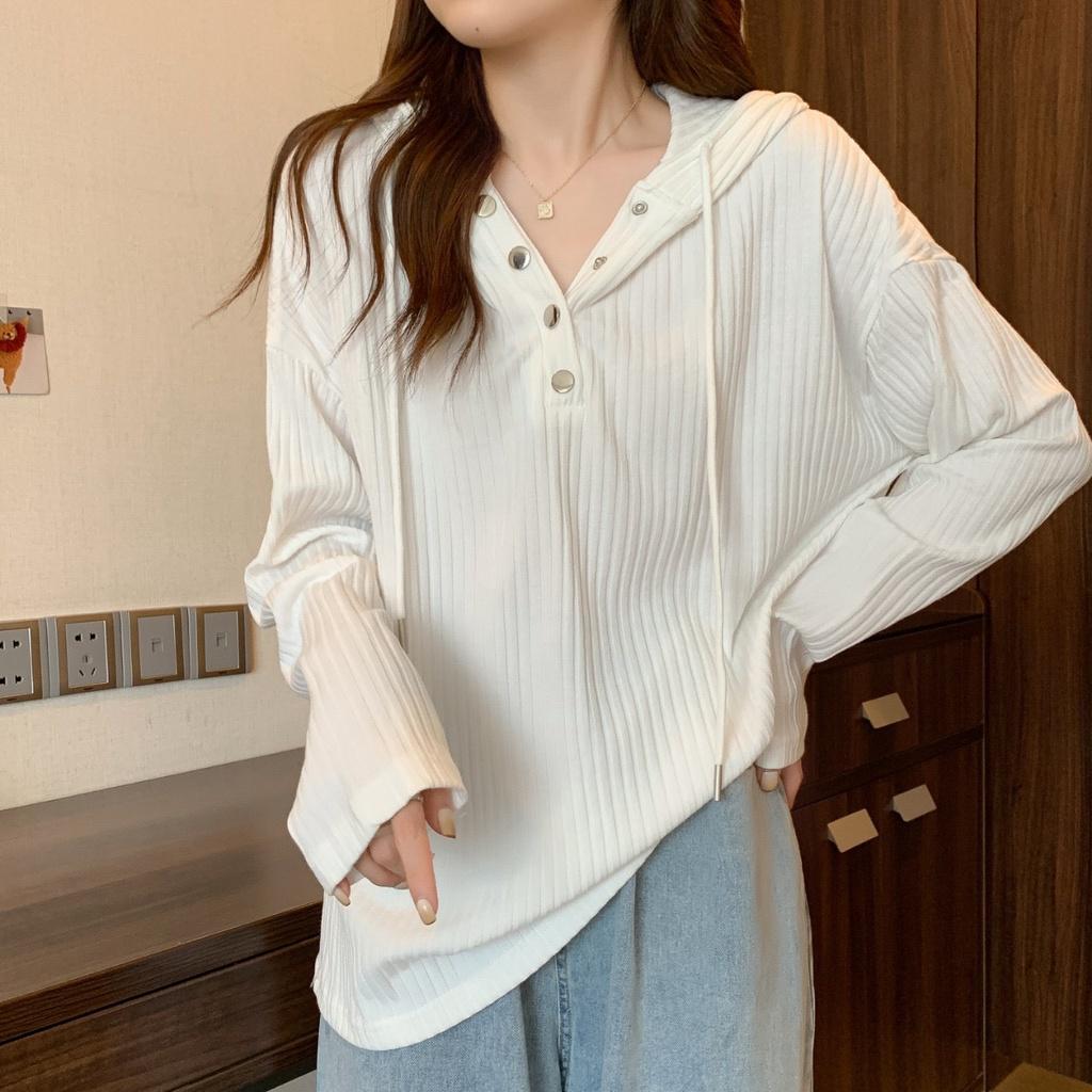 Áo Hoodie Nữ Mỏng Vải Nhung Thun Dài Tay Cúc Bấm