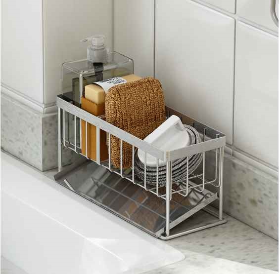 Kệ Đựng Đồ Rửa Chén Bát, Giá Để Giẻ Rửa Bát Inox 2 Ngăn Có Khay Hứng Nước Tiện Dụng