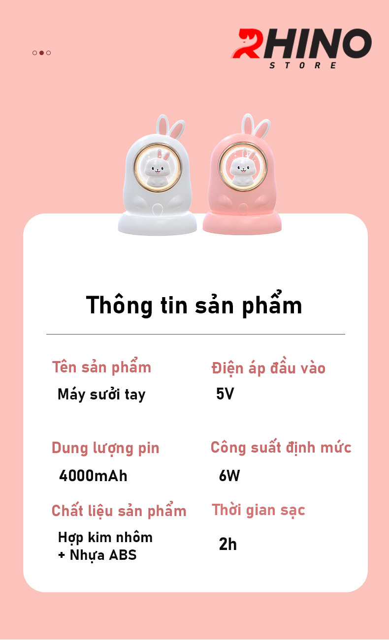 Máy sưởi ấm mini chạy pin cầm tay đèn LED Rhino W301, 3 mức độ nhiệt,  Làm ấm nhanh - Hàng chính hãng