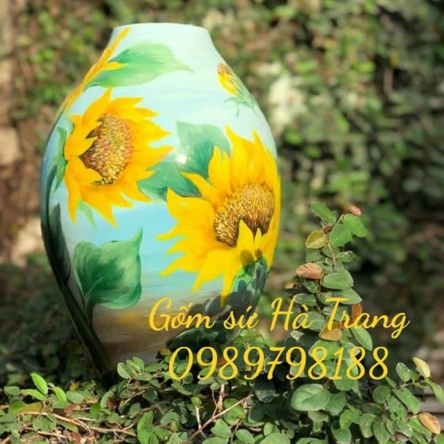 Lọ hoa sơn mài vẽ 3D siêu cấp hoạ tiết hướng dương cao 35cm