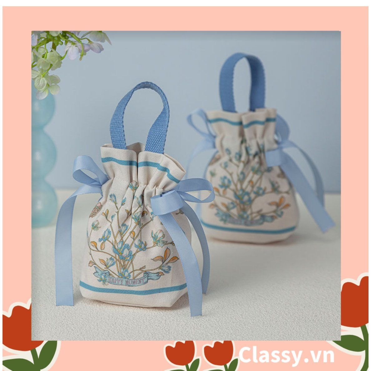 Túi vải dây rút kèm lớp voan lụa, đính hạt xinh xắn dùng đựng quà tặng NOEL, lễ tết, đám cưới T1822