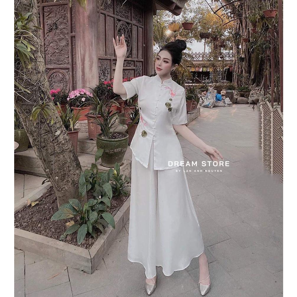 ĐỒ LAM ĐI CHÙA  Bộ Cổ Trụ Thêu Hạt Đính Ngọc Bội Tàu