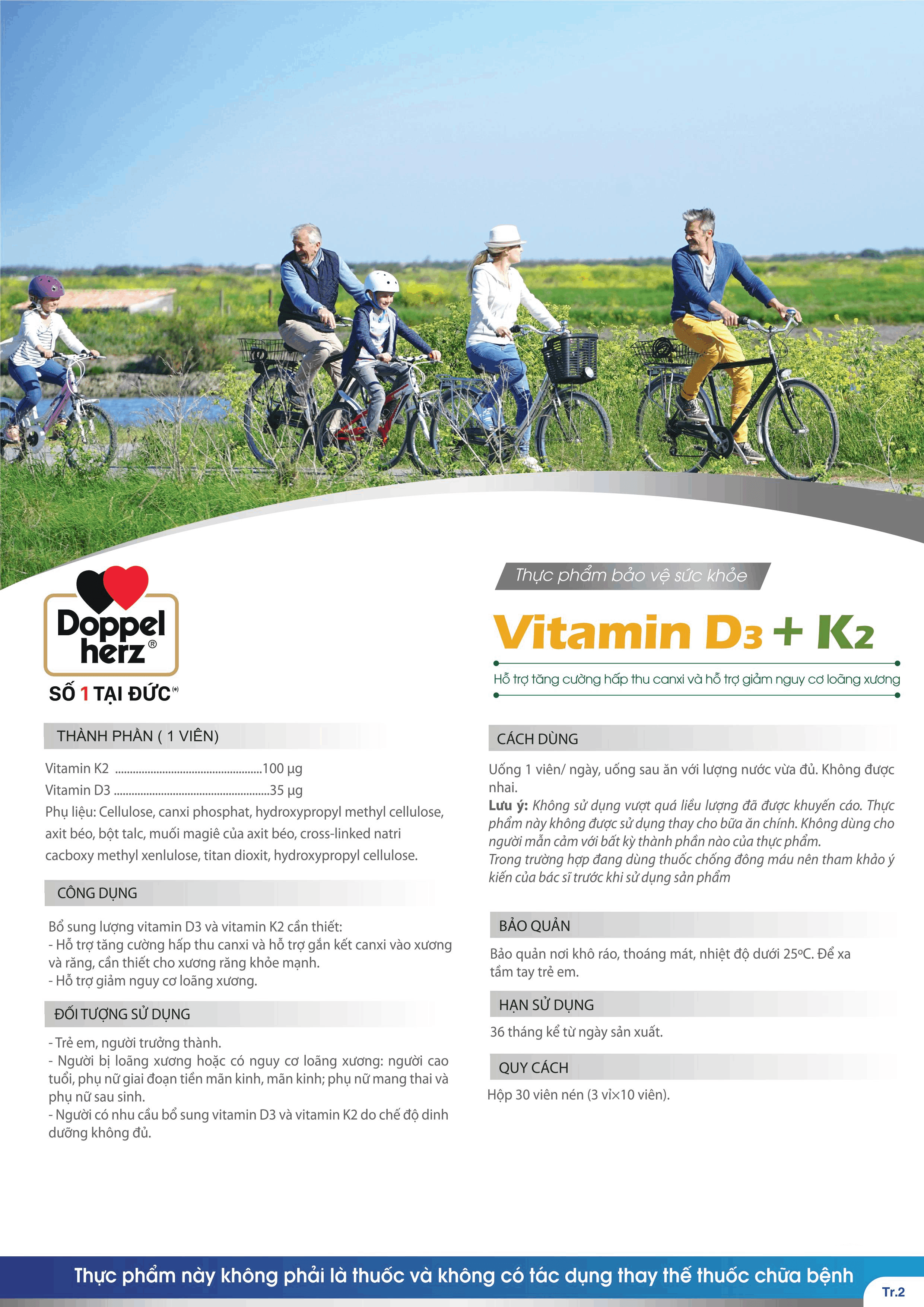 Liệu trình 03 tháng tăng cường hấp thụ Canxi, phòng ngừa loãng xươn Doppelherz Vitamin K2 D3 (03 hộp 30 viên)