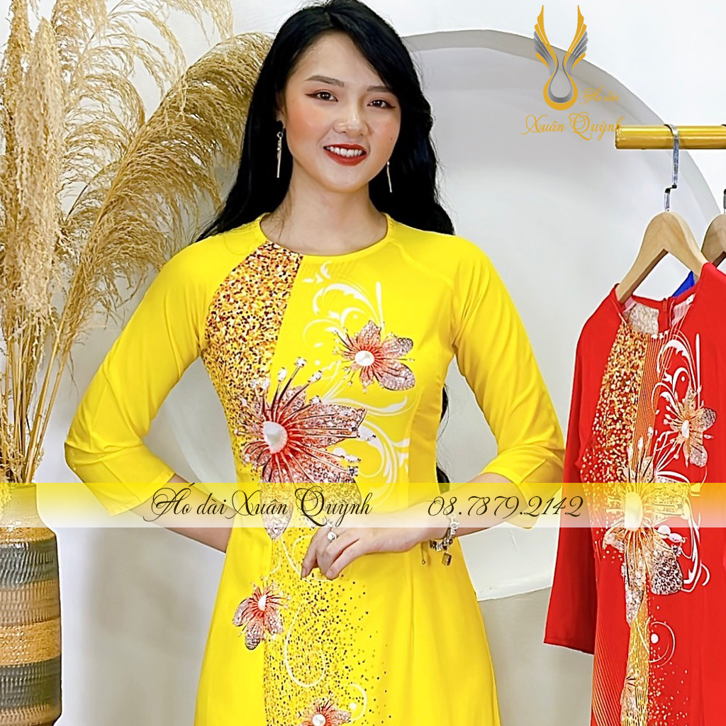 Áo Dài Hoa Kim Cương Phối Dải Chấm Bi, Nổi Bật Lụa Habutai Cao Cấp K97 Vàng Nắng
