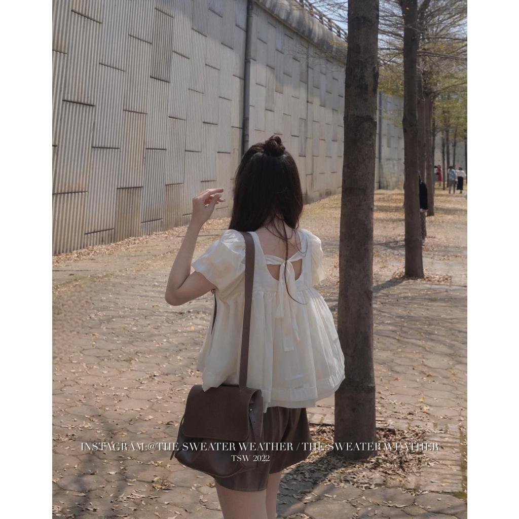 Áo babydoll, set đồ nữ babydoll tay phồng, đồ bộ nữ kiểu thắt nơ siêu xinh kèm quần short, mặc đi chơi vintage, BO007