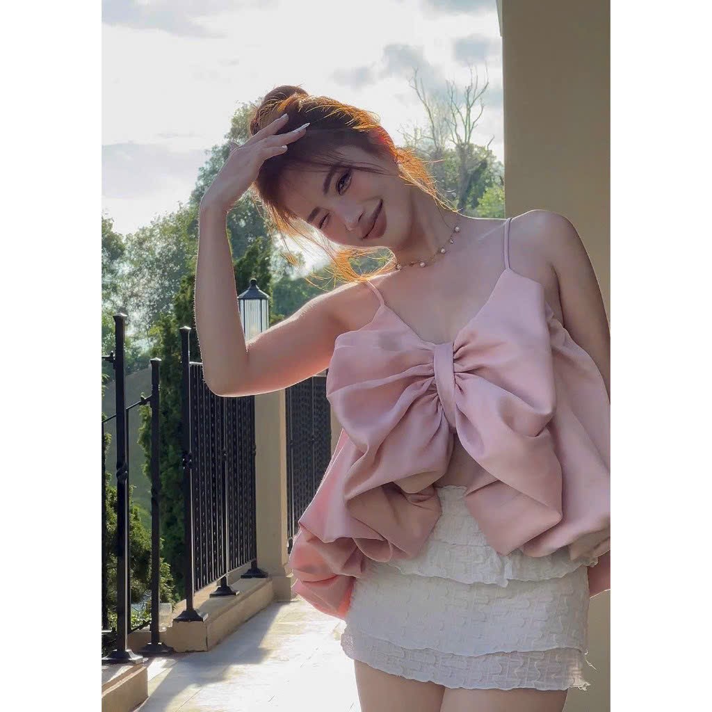 Áo 2 dây croptop nữ chất vải mềm mát mùa hè hottrend, Áo 1 dây phối nơ phía trước đơn giản cho Nữ thiết kế áo cực sang siêu xịn đi biển