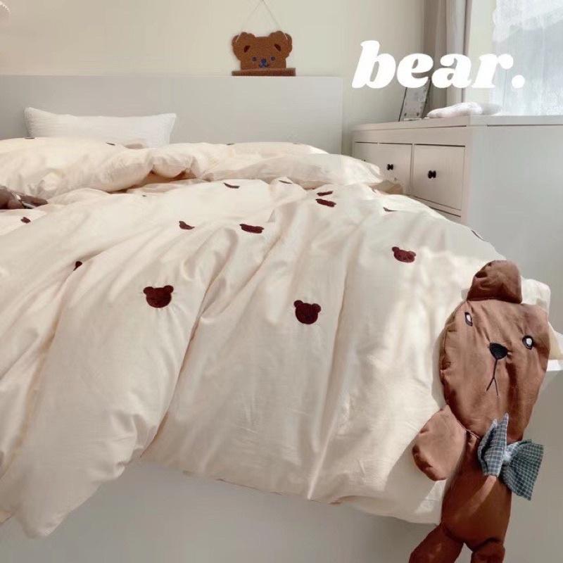 Bộ Chăn Ga Gối Cotton Hữu Cơ Hàng Nhập Khẩu Cao Cấp 4 Món Gấu Teddy Nơ