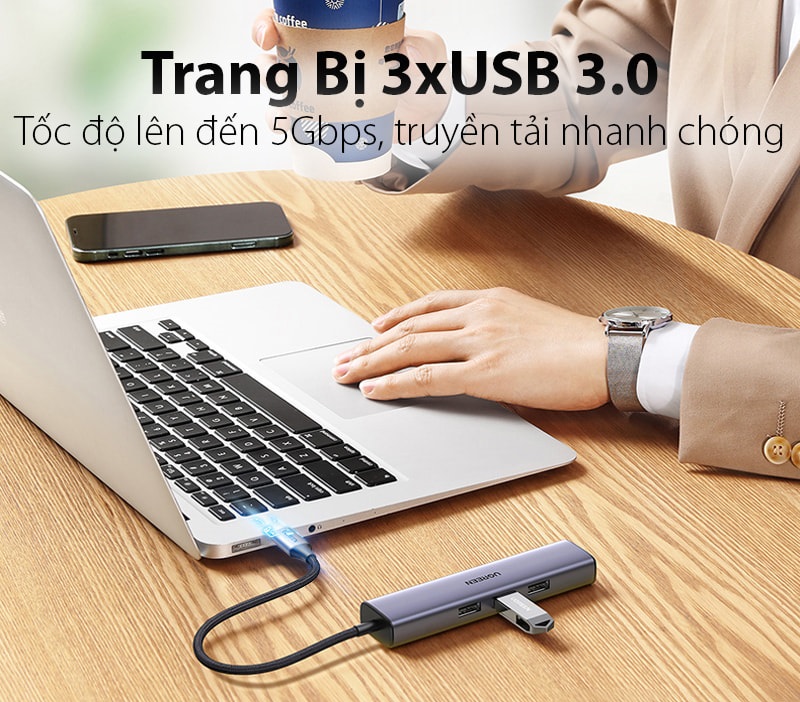 Cáp Chuyển USB-C to LAN 100/1000Mbps Kèm HUB 3 Cổng USB 3.0 Ugreen 20920 - Hàng Chính hãng