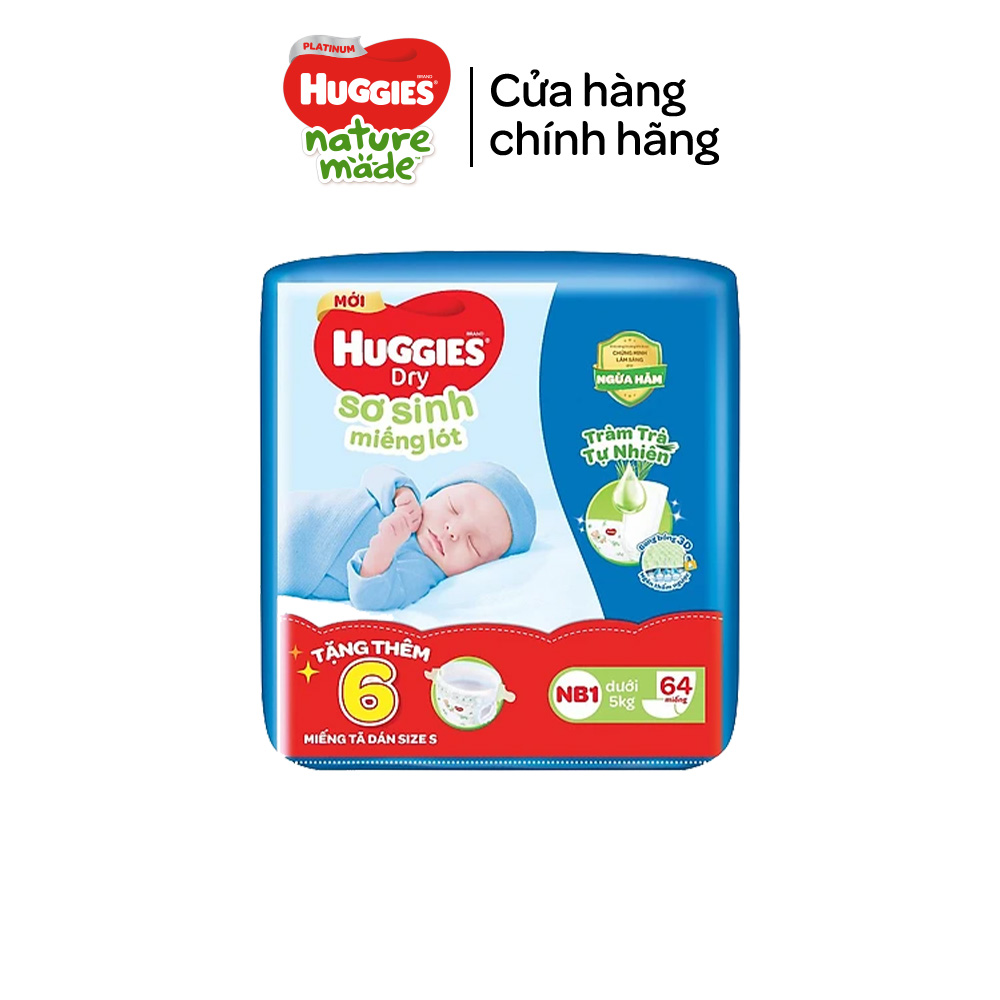 [Tặng kèm miếng] Miếng lót Sơ Sinh Huggies Tràm Trà NB1 64 miếng và 108 miếng