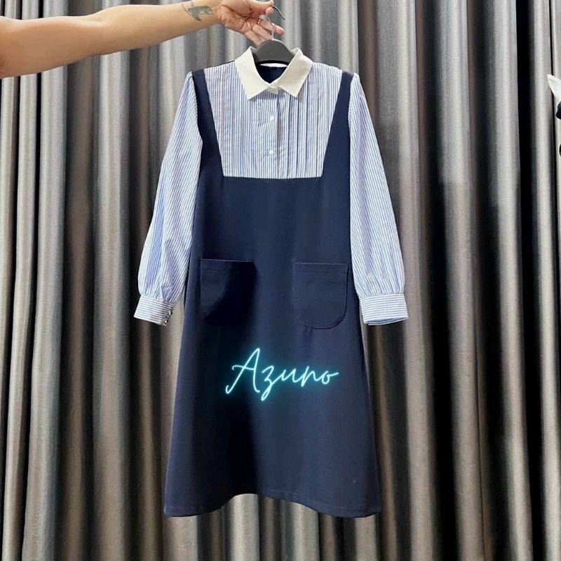 HÀNG THIẾT KẾ - Váy Đầm Bầu Công Sở Sang Chảnh Phối Cổ Sơ Mi AZ233 Chất Liệu Chéo Nhật