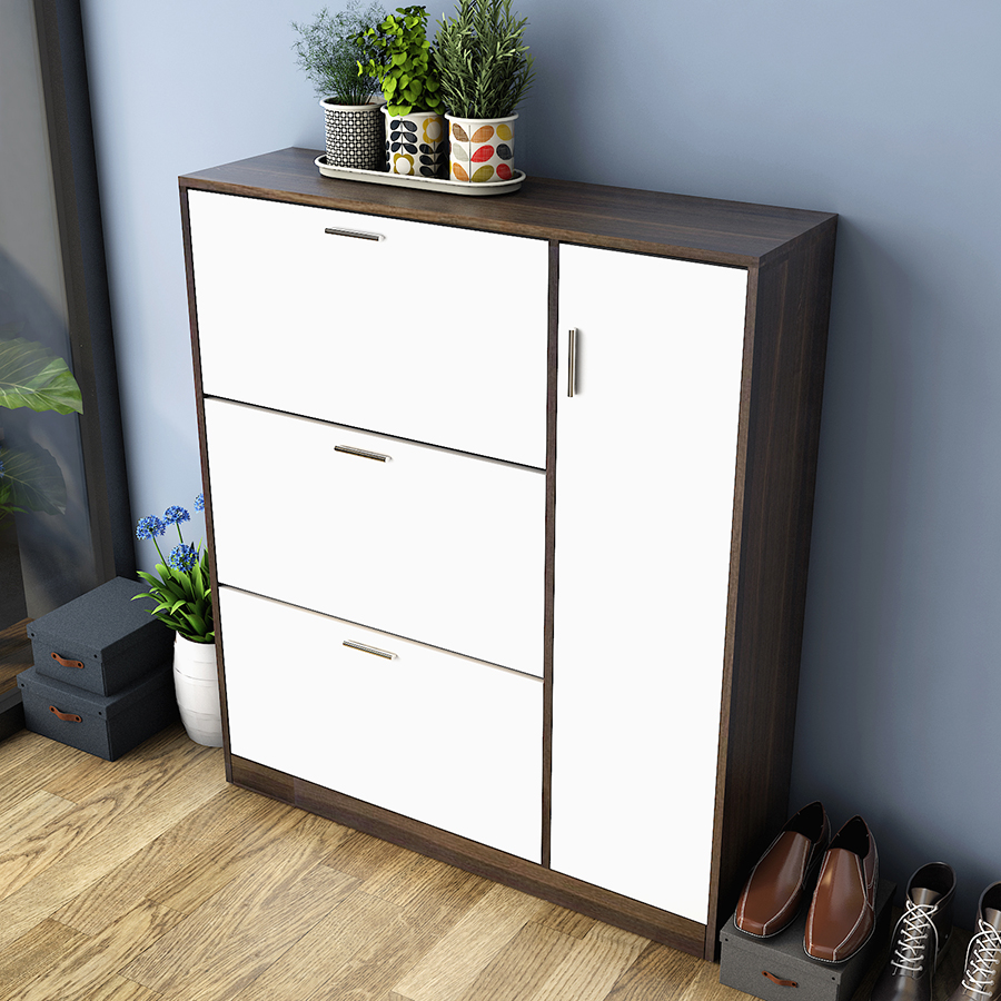 Tủ Giày Thông Minh OC001 giá rẻ dài 1000 x sâu 300 x cao 1200 đẹp hiện đại được ưa chuộng nhất hiện nay, màu óc chó cánh trắng, chất liệu Ván công nghiệp cao cấp. chống nước, chống xước.