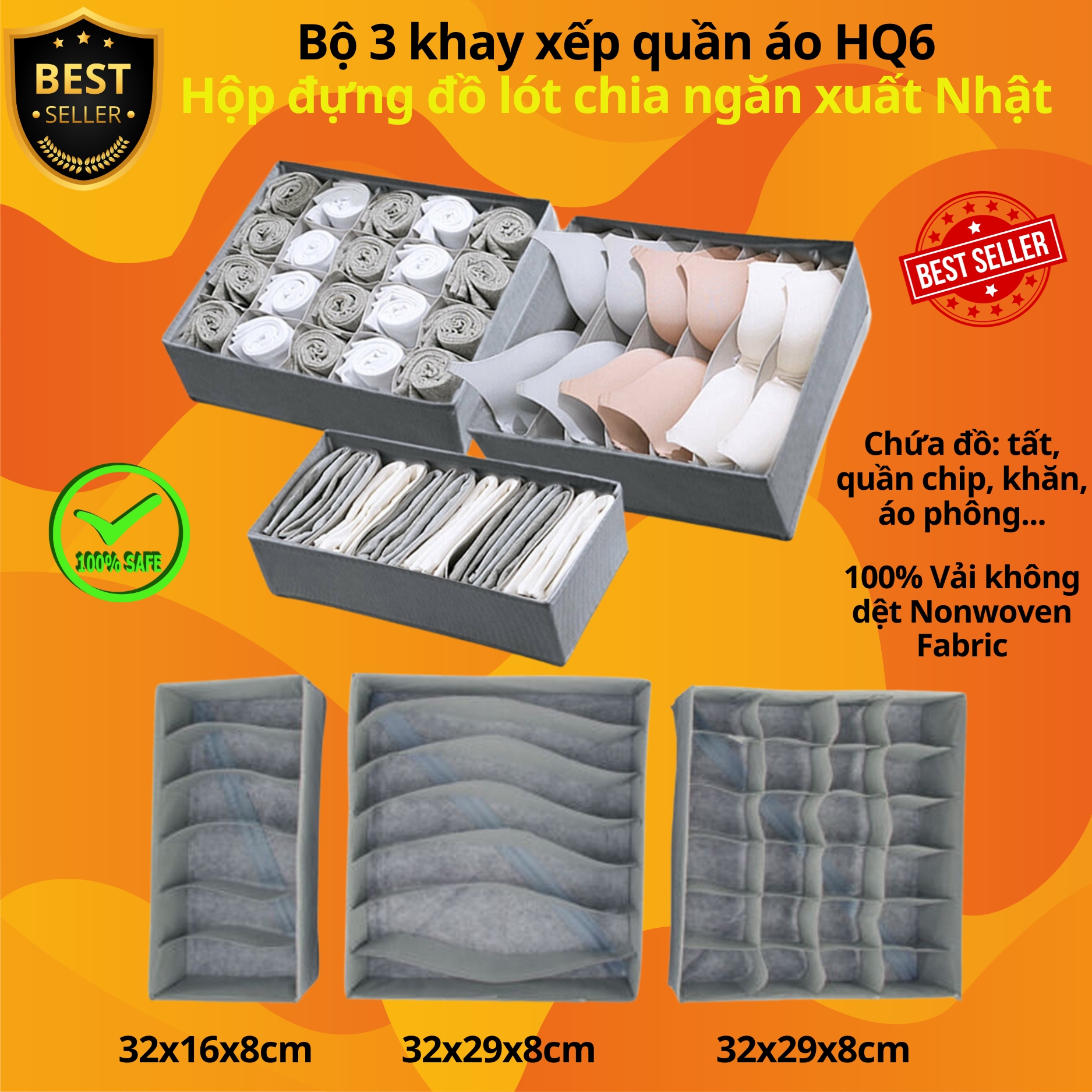 Set 3 khay xếp quần áo HQ6 bộ 3 hộp đựng đồ lót gọn nhẹ chia ngăn tiện lợi xuất Nhật chính hãng D Danido