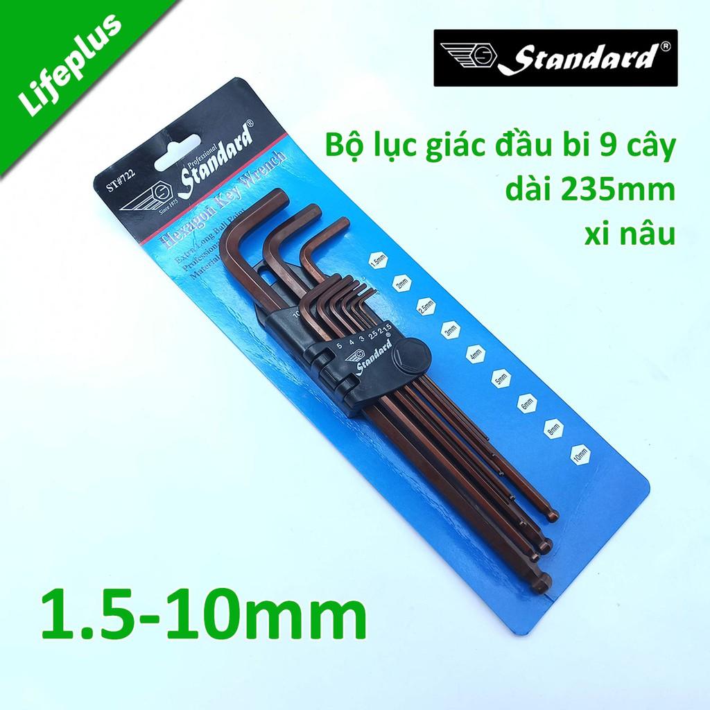 Bộ lục giác 9 cây đầu bi 1.5-10mm Standard xi NÂU dài 235mm