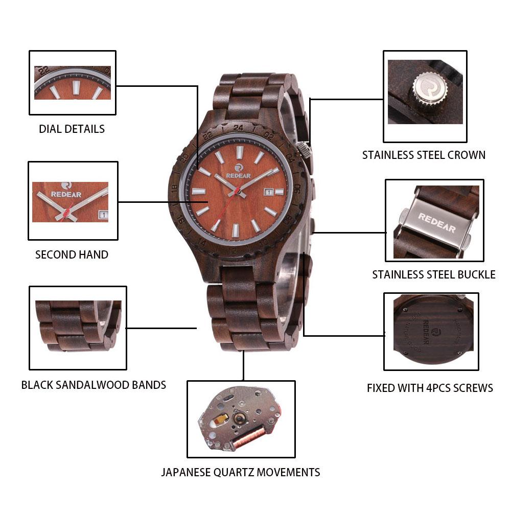 Đồng hồ bằng gỗ Thạch anh kim loại siêu nhẹ cho doanh nhân có lịch Cổ điển REDEAR