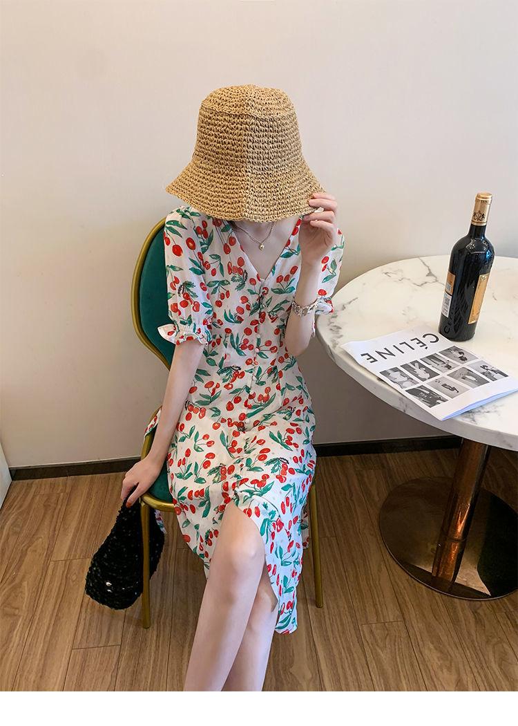 SHUANGYAN 2021 mùa hè thắt lưng ngọt ngào trà nghỉ váy nữ Pháp anh đào chiffon hoa bong bóng tay áo đầm dài