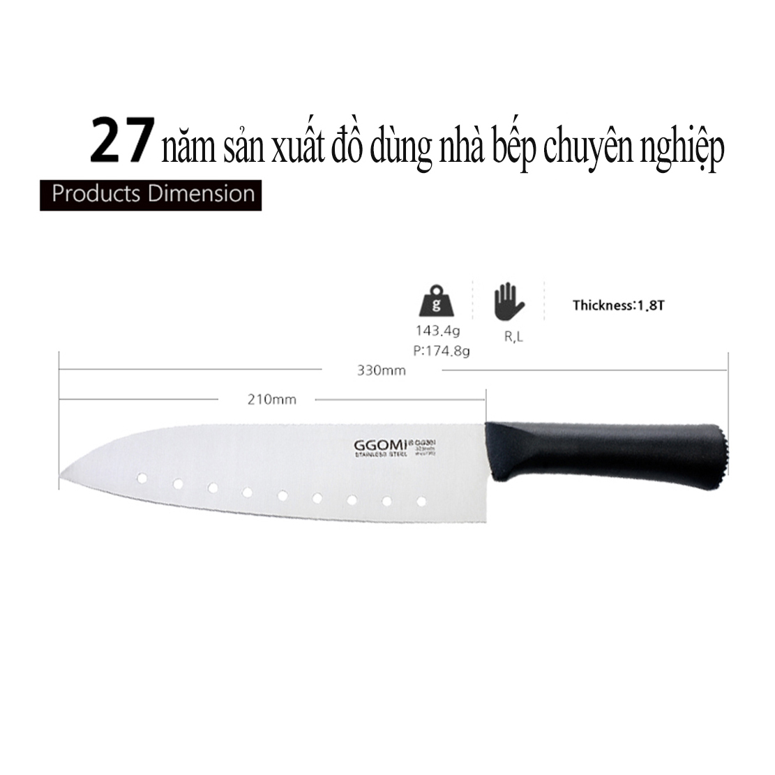 [HÀNG CHÍNH HÃNG] Dao nhà bếp dài 33cm, lưỡi dao dài 21cm bằng thép không gỉ an toàn sức khỏe của GGOMi Hàn Quốc GG301