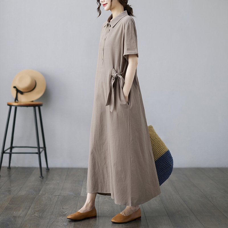 Váy sơ mi thắt eo dáng dài suông phong cách Hàn Quốc, Đầm sơ mi dáng dài chất linen mềm ARCTICHUNTER Ah61