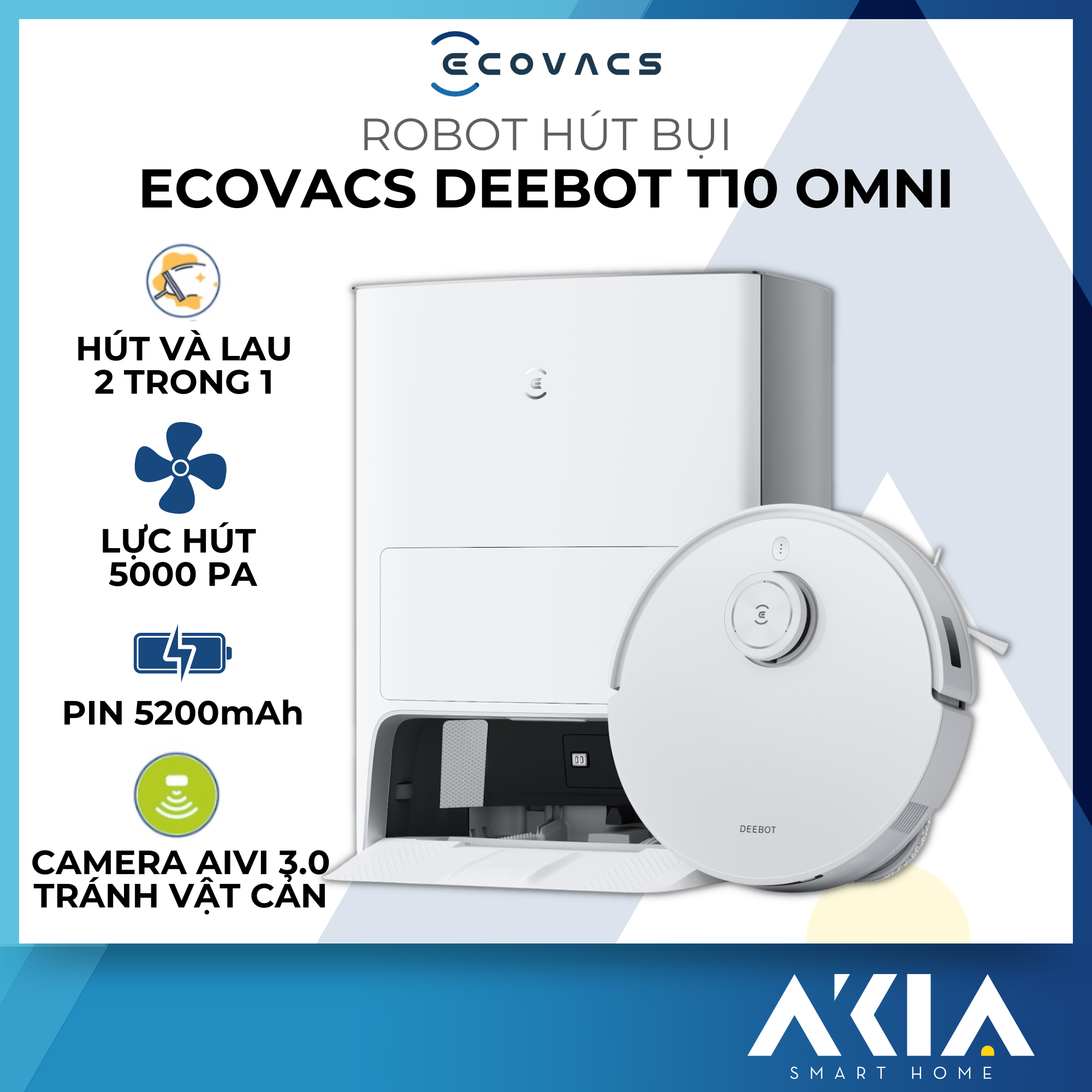 Robot hút bụi lau nhà thông minh Ecovacs Deebot T10 OMNI - Lực hút 5000 Pa, lưu trữ 4 bản đồ, Tự động hút rác, giặt giẻ và sấy khô, Tránh vật cản, Điều khiển giọng nói, Bản Quốc tế - Hàng chính hãng