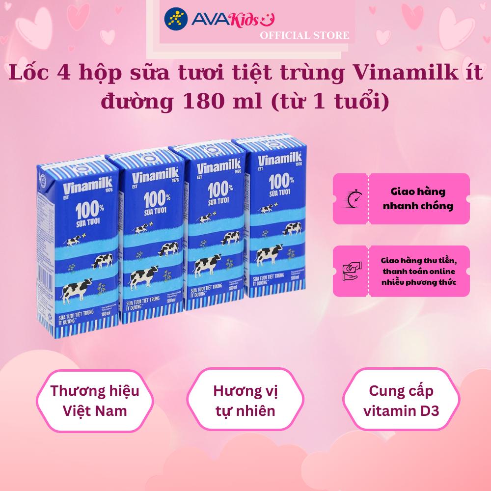 Lốc 4 hộp sữa tươi tiệt trùng Vinamilk ít đường 180 ml (từ 1 tuổi)