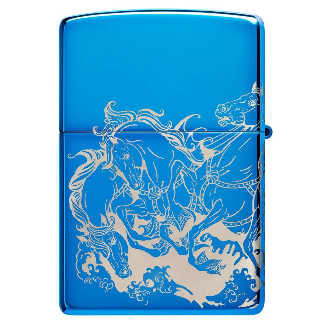 Bật lửa Zippo Atlantis Design - Thiết Kế Thần Biển Poseidon In Tràn Viền 360 Độ, Vỏ High Polish Blue Chính Hãng Mỹ