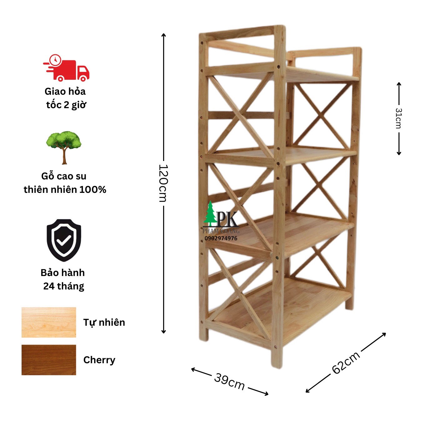 Kệ lò vi sóng gỗ 4 tầng Phạm Khang - Gỗ cao su tự nhiên màu Gỗ Tự Nhiên/ Vàng Cherry - Kích thước rộng 62 cm