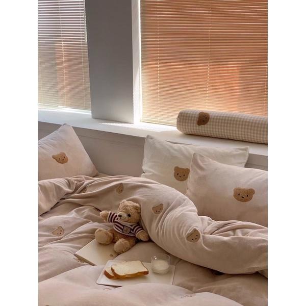 Bộ Chăn Ga Gối Nỉ Sữa Gấu Teddy Hàng Nhập Khẩu Cao Cấp 5 món