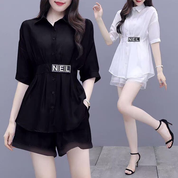 Bộ short sơ mi đính eo - XL - Đen