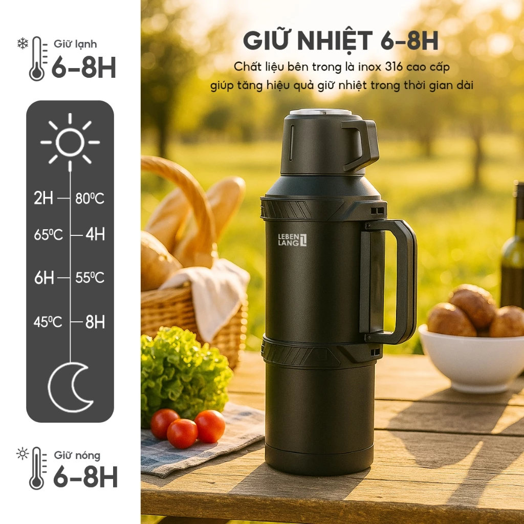 Bình giữ nhiệt Inox 316 Lê Bên Làng LBL3026/ LBL3025 dung tích 4L/ 6L có lõi lọc trà và dây đeo