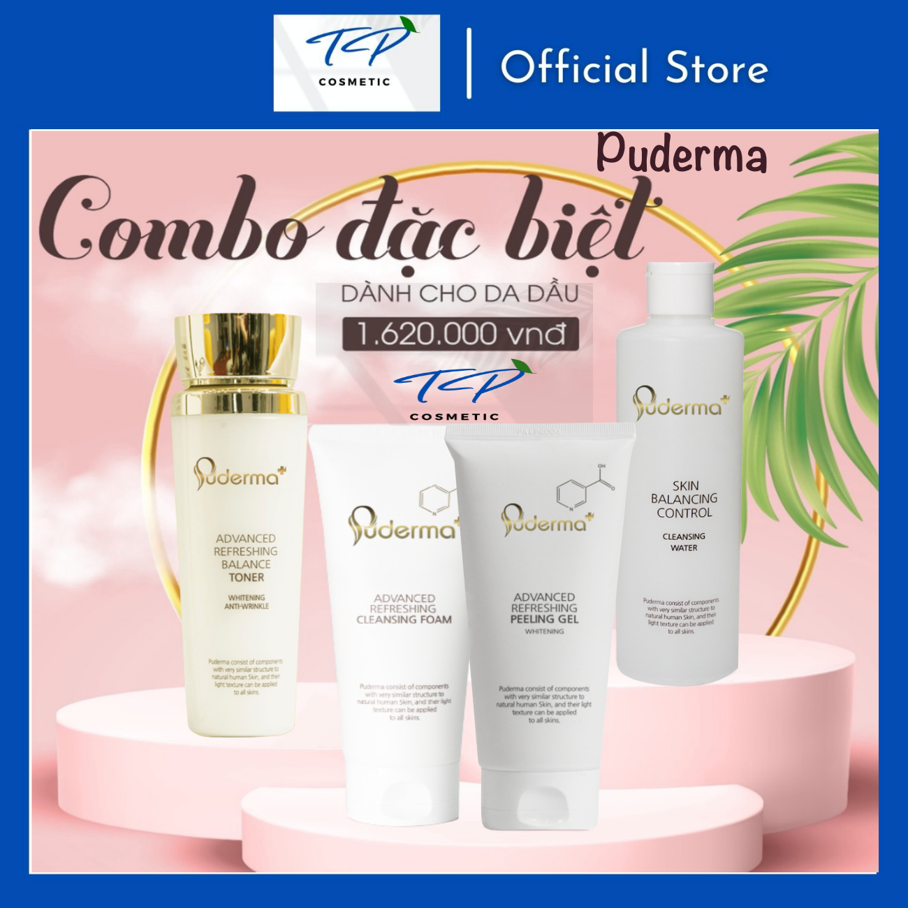 Combo làm sạch dành cho da dầu: nước tẩy trang Puderma, Sữa rửa mặt Puderma, Tẩy da chết Puderma, Toner nước hoa hồng Puderma: làm sạch, cấp ẩm giúp da sáng khỏe, ngăn ngừa mụn.