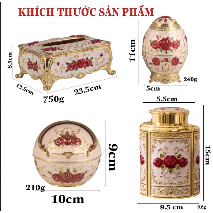 Bộ 4 món Hộp đựng giấy, Hộp đựng chè, Lọ tăm, Gạt tàn hợp kim hoạ tiết tân cổ điển