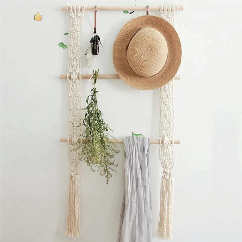 Thang dây treo đồ, giá treo mũ khăn macrame xinh xắn treo tường trang trí nhà cửa, homestay, quán cafe