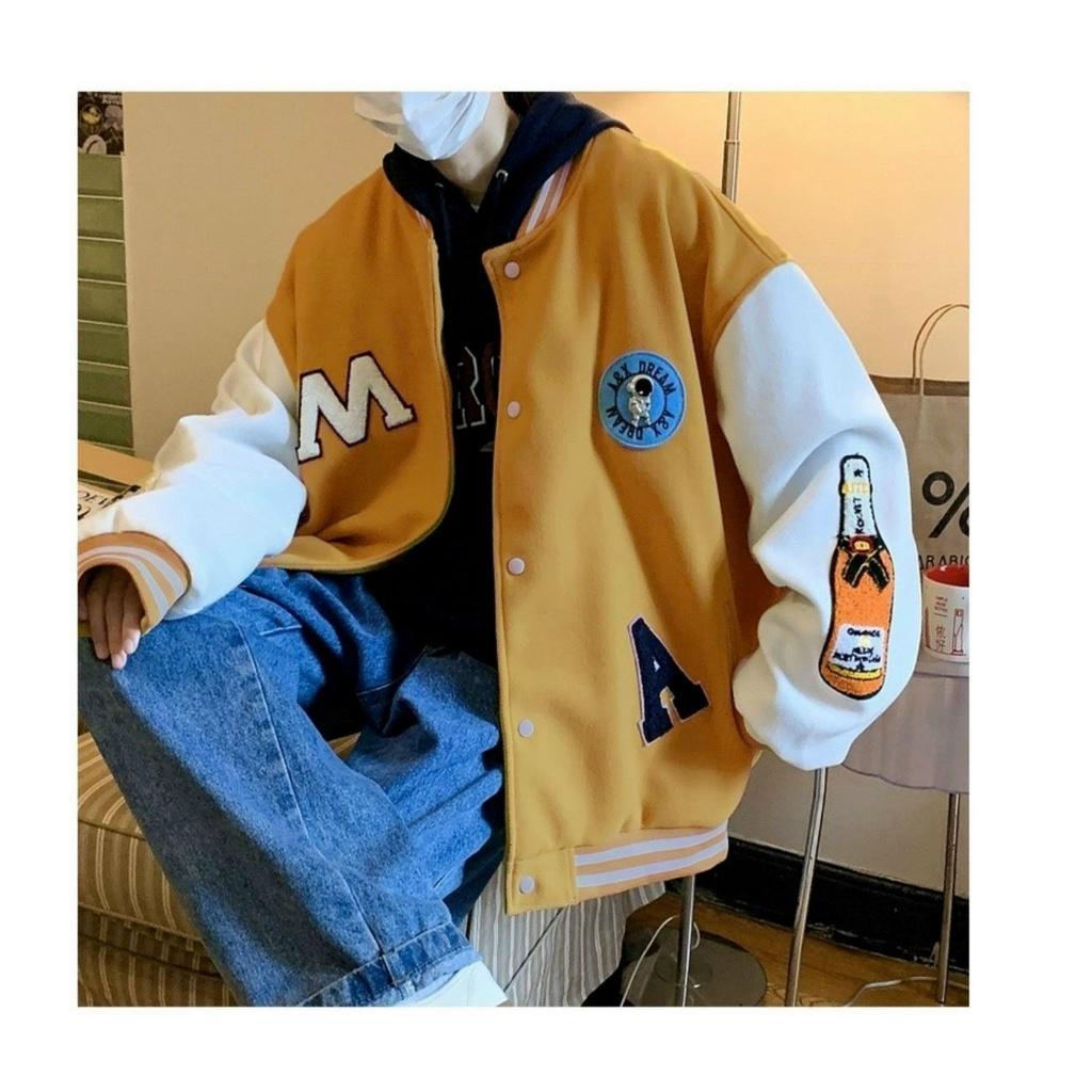 Áo khoác bomber nam nữ chữ M, áo khoác nỉ varsity jacket 2 lớp form rộng phối nút (3 màu)