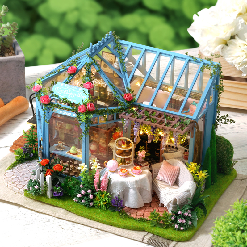 Mô hình nhà DIY Doll House Rose Garden Tea House Kèm Đèn LED, Hộp nhạc và MICA chống bụi