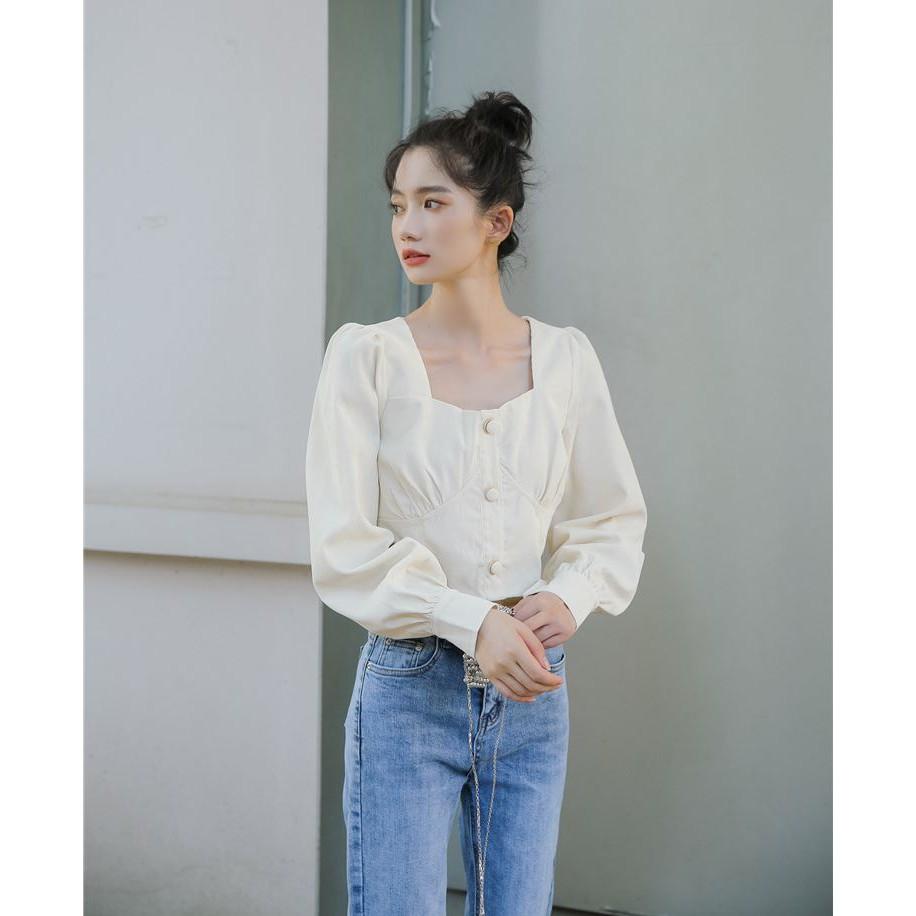 Áo croptop nữ dài tay cổ vuông có chiết ly ngực sang chảnh