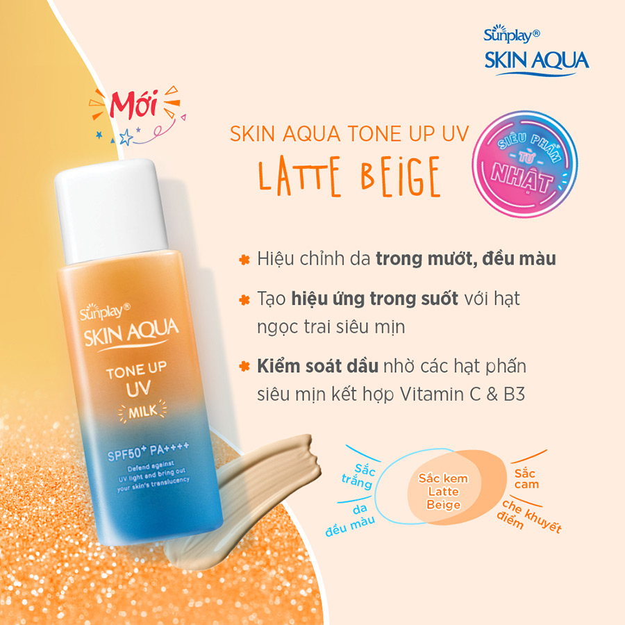 Kem chống nắng nâng tông Skin Aqua Tone up Latte Beige cho mọi tông da, dạng tinh chất Sunplay Skin Aqua Tone Up UV Essence Latte Beige SPF 50+ PA++++ 50g