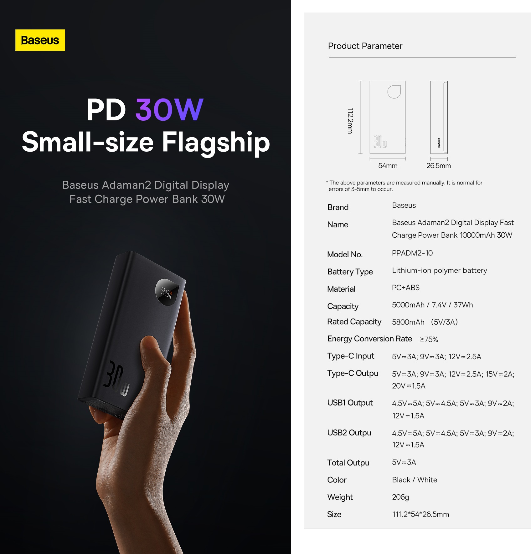 Pin dự phòng 30W dung lượng 10000mAh Baseus Adaman 2 PPADM2-10 - Hàng chính hãng